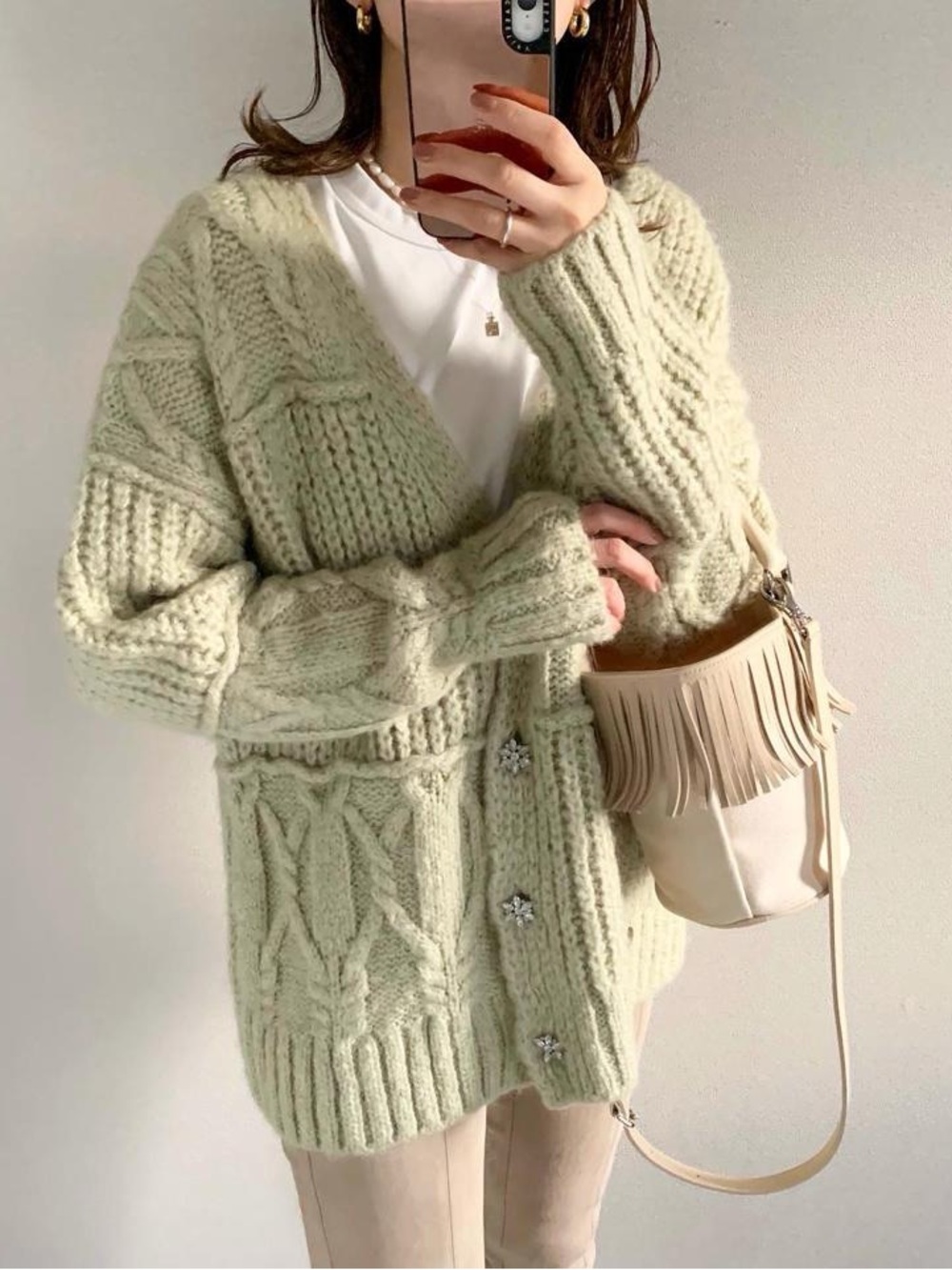 Zara light green rhinestone Chunky Cable Knit Cardigan Sweater - size S